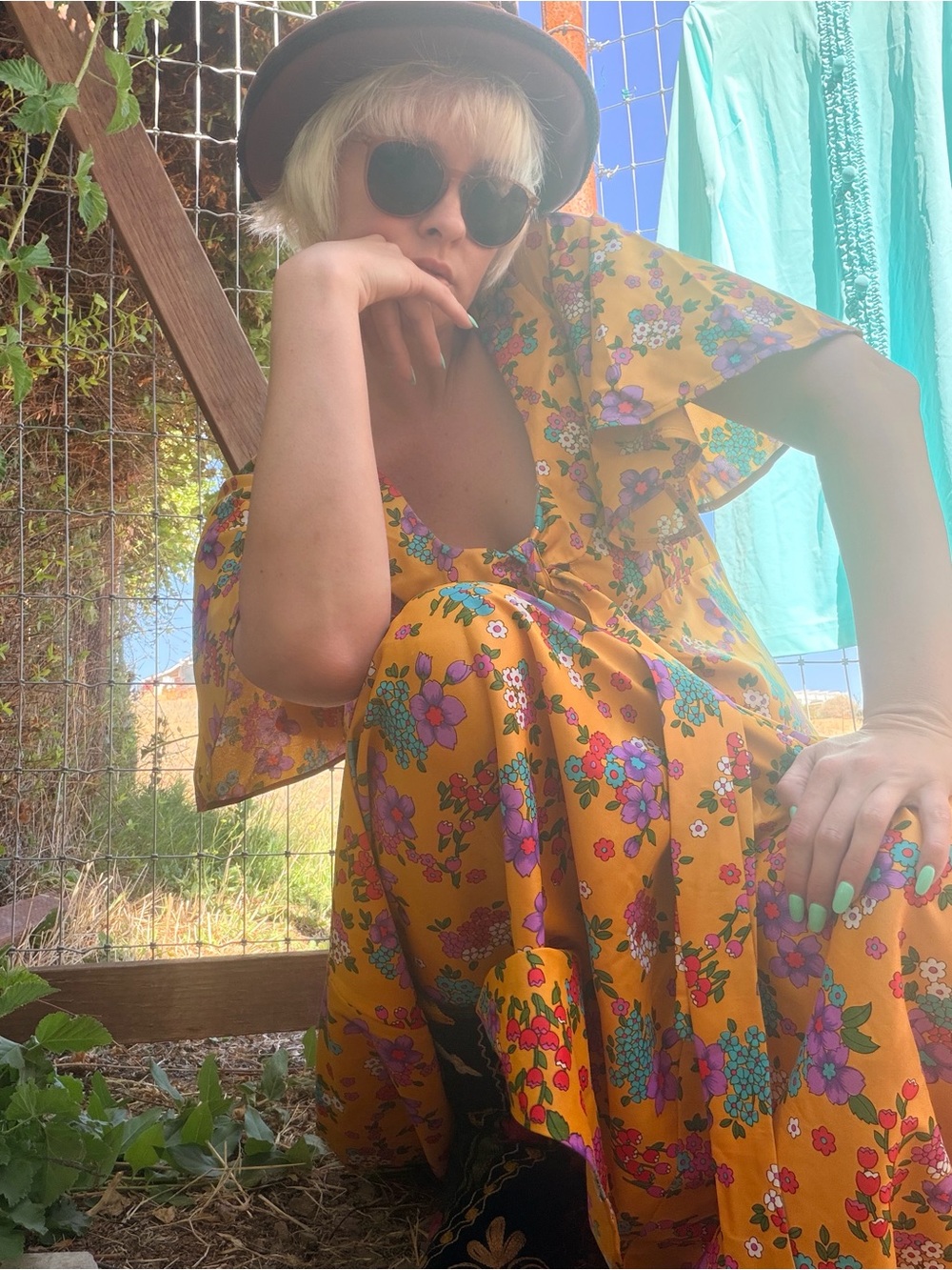 Vintage Yellow Floral Tie-Front Maxi Dress